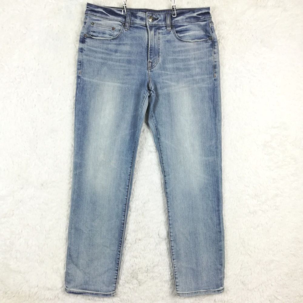 Express Mens Jeans Straight Leg Denim Blue Light Wash Whiskering 31x32